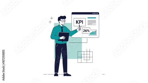 Man pointing at KPI analytics chart, business growth concept illustration