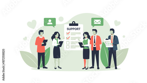 Customer Support Team Working Together, Checklist and Communication Icons