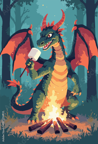 A Dragon toasting a marshmallow with its own breath. 'Camping Hack'. Cute flat vector
