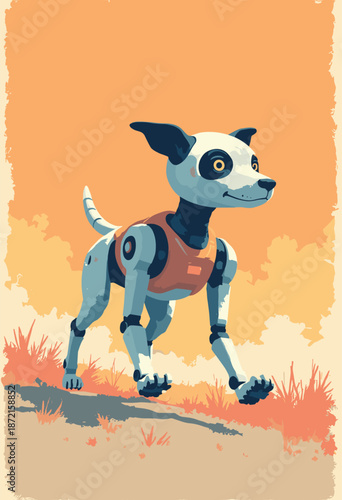 A Robot dog chasing a digital bone. 'Future Pet'. Flat vector illustration