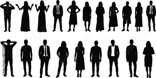People silhouette collection showing diverse men and women standing in casual and formal poses for lifestyle, business, and social concepts