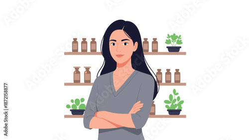 Confident young woman with crossed arms stands in front of shelves filled with natural beauty products and potted plants.