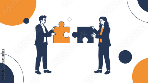 Teamwork, partnership, and collaboration concept: people fitting puzzle pieces