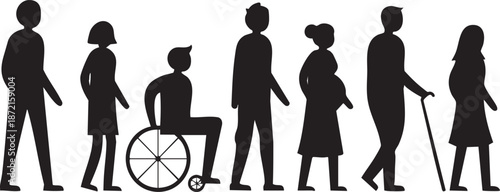 Inclusive Human Silhouette Lineup – Bold Vector Illustration Representing Diversity in Age, Ability & Life Stages