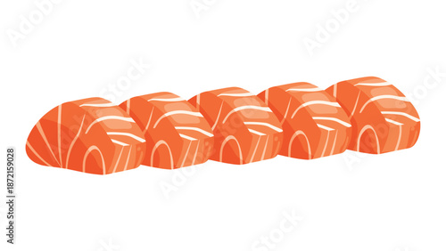Five individual portions of fresh salmon fillet, showcasing their vibrant orange color and distinct white marbling, arranged horizontally.