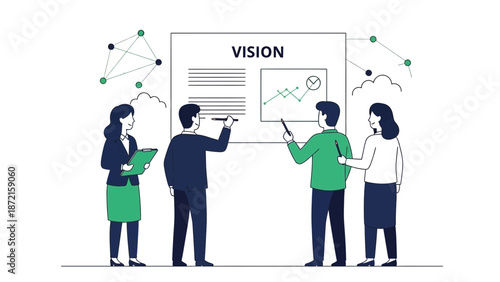 Business Team Collaborating on Vision Board with Charts and Data