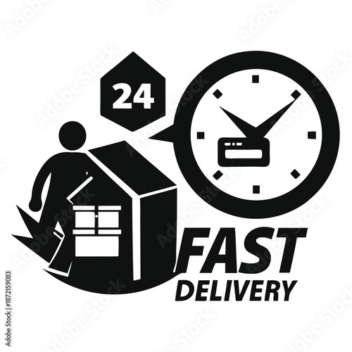The icon illustrates a figure delivering packages with twenty four hour and fast clock service
