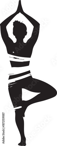 Tree Pose Yoga Silhouette – Bold Vector Illustration Featuring Vrksasana with Graphic Bands for Wellness & Fitness Design