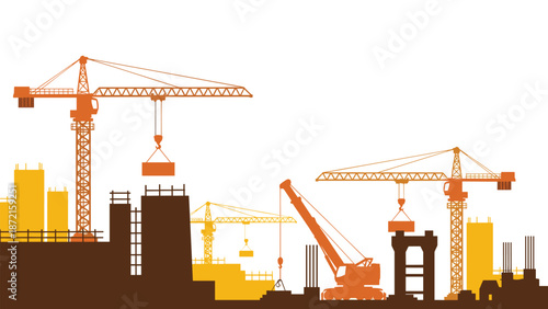 Dynamic construction site panorama featuring various cranes lifting materials for new buildings, illustrating urban development.