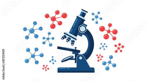 Advanced laboratory microscope surrounded by an array of abstract molecular structures, symbolizing scientific research and discovery.