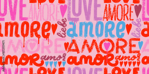 Seamless pattern with Love text quotes in different languages. Hand drawn brush stroke lettering on a grunge romantic background. Valentine’s Day handwritten texture pattern for fabric, wrapping paper