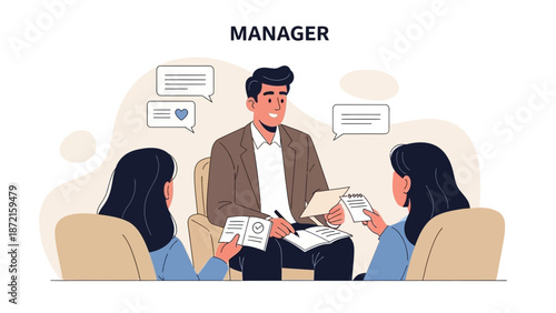 Manager leading business meeting with team, discussion and communication