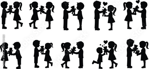 Silhouettes of children holding teddy bears and hearts in various poses black
