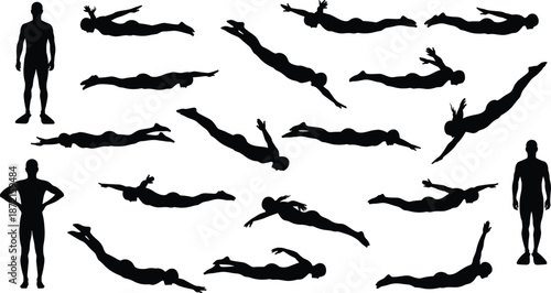 Male swimmer silhouette set showing freestyle swimming poses and body positions for sport training, fitness, and aquatic activity concepts