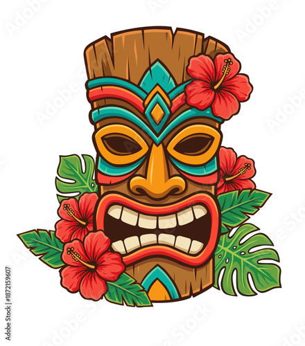 Traditional wooden Tiki mask with tropical hibiscus flowers and monstera leaves. Vector illustration of a Polynesian tribal totem face for summer luau party design.