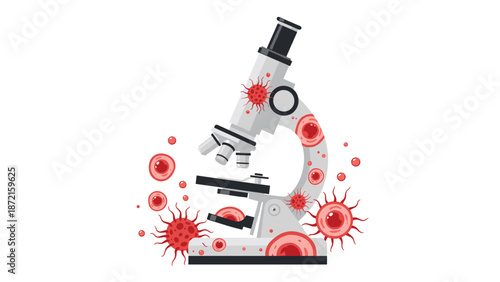 Modern laboratory microscope is surrounded by various red virus and bacteria cells, symbolizing medical research and infectious disease.