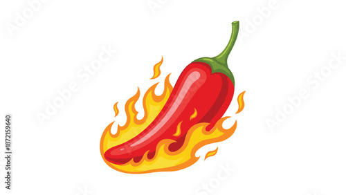 A vibrant red chili pepper is engulfed in fiery yellow and orange flames, symbolizing intense heat, spice, and flavor.