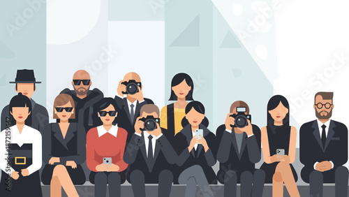 Diverse Group of People Seated Together Some Holding Cameras.