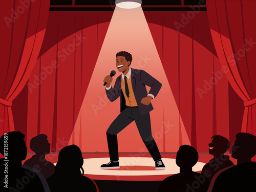 Stand-up comedian performing on stage. Flat vector illustration of a young man holding a microphone and telling jokes under a spotlight. Red curtains background and audience silhouettes watching
