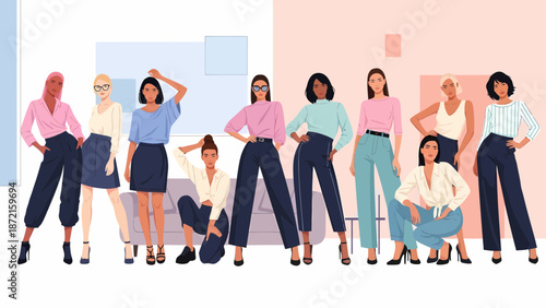 Diverse Group of Women Standing Together in Stylish Outfits.