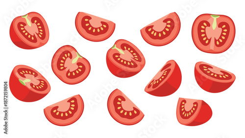 Various fresh red tomato slices and wedges are artfully arranged and scattered across a pristine white background, ready for culinary use.