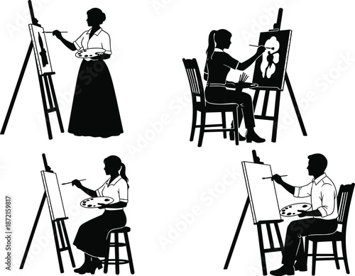 Artist painting on easel silhouettes set, black and white illustration showing creative process, fine art practice, and professional studio activities