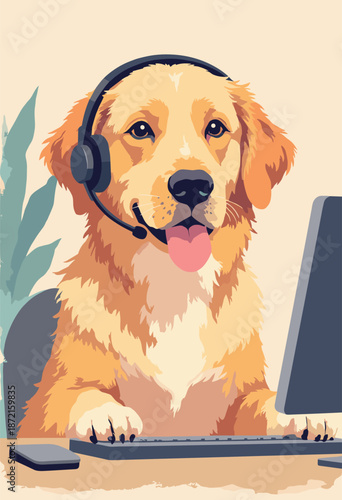 A Dog (Golden Retriever) wearing a headset participating in a video call. 'Remote Work' concept. Cute flat vector