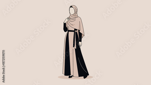 Elegant Muslim Woman in Abaya and Hijab Fashion Illustration.
