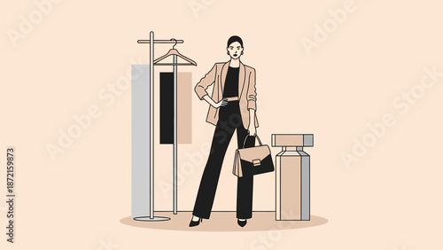 Elegant Woman in Blazer and Trousers Posing in Fashion Boutique.
