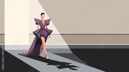 Elegant Woman in Couture Gown Under Spotlight on Fashion Runway.
