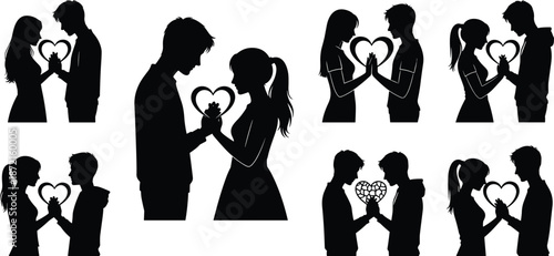 Silhouettes of couples exchanging heart-shaped gifts in various romantic poses