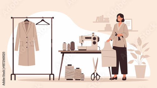 Fashion Designer at Work Creating a Stylish Coat in Studio.