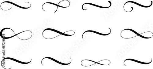 A collection of black handwritten infinity symbols and decorative calligraphic swashes on a clean white background