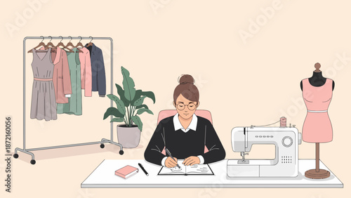 Fashion Designer at Work Sketching Designs in Her Studio.