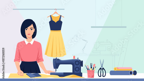 Fashion Designer at Work with Sewing Machine and Dress.