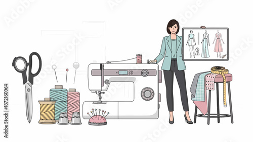 Fashion Designer at Work with Sewing Machine and Design Sketches.