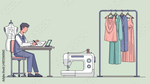 Fashion Designer at Work Sketching Designs and Sewing Clothes.