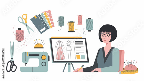 Fashion Designer at Work with Sewing Tools and Sketches.