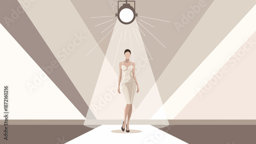 Fashion Model on Runway Under Spotlight in Elegant Dress.