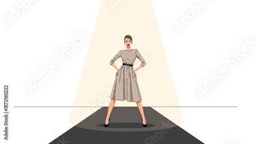 Fashion Model Posing on Runway in Elegant Dress.