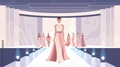 Fashion Show Extravaganza Models Showcase Elegant Gowns on the Runway.