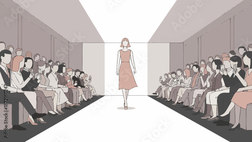 Fashion Show Illustration Model on Runway with Audience.