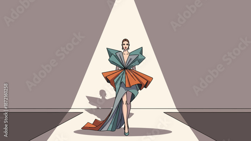 Fashionable Woman in Spotlight Striking Dress Design Illustration.