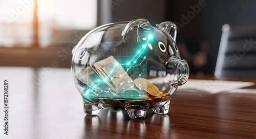 A glass piggy bank filled with money and a glowing growth graph on a blurred desk, great for financial app interfaces, savings goal trackers, and investment concept visuals.