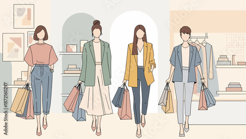 Fashionable women shopping with bags in a stylish boutique.