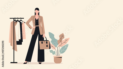 Fashionable Woman with Stylish Outfit and Clothing Rack Illustration.