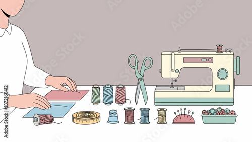 Sewing Scene A Detailed Illustration of Tailoring Tools and Hands.