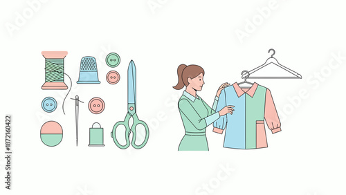 Sewing and Tailoring Illustration with Woman and Tools.