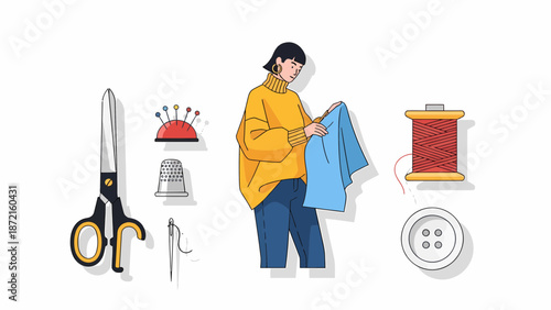 Sewing Scene Woman with Fabric Scissors and Sewing Supplies.