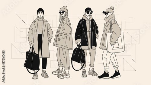 Stylish Individuals in Winter Outfits A Fashion Illustration.